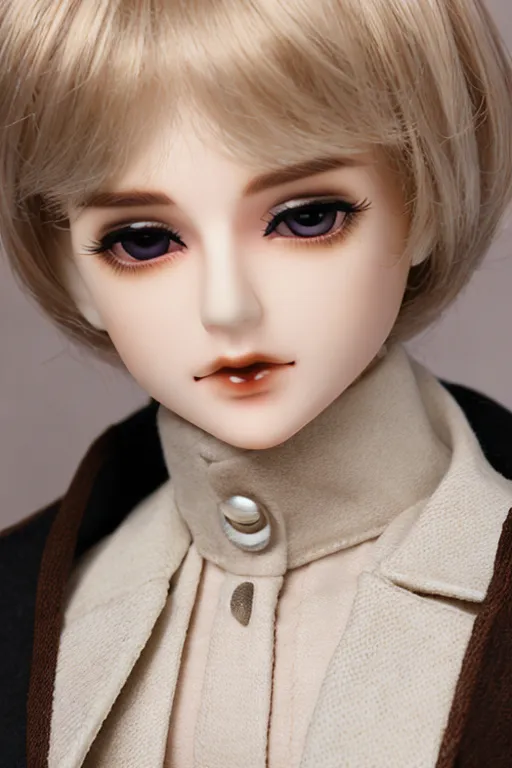 The image shows a doll with short blond hair and purple eyes. The doll is wearing a white shirt with a brown jacket. The doll's face is very detailed, with a slightly open mouth and a pensive expression. The doll's skin is pale and smooth, and its hair is styled in a short, choppy bob. The doll is looking at the viewer with its head tilted slightly to the right.