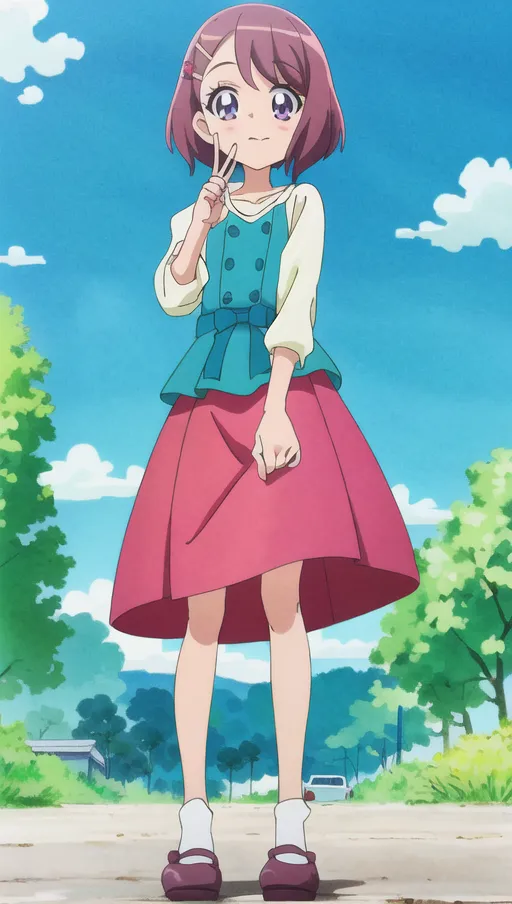 This is an image of a young girl with pink hair and brown eyes. She is wearing a white blouse, a blue vest, and a pink skirt. She is also wearing white socks and brown shoes. The girl is standing in a field of grass and trees. There are clouds in the sky and a road in the background.