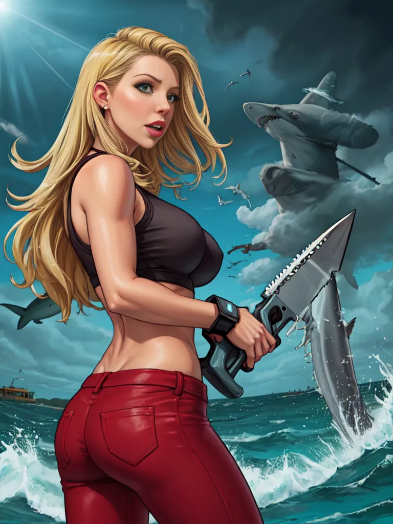 The picture shows a blonde woman wearing a black vest and red pants. She is standing in the middle of the ocean with a large shark behind her. The woman is holding a large knife. She is looking at the shark with a determined expression on her face. The shark is showing its sharp teeth and looks very ferocious. The water is very rough and there are large waves crashing against the woman. In the background, there are several waves.