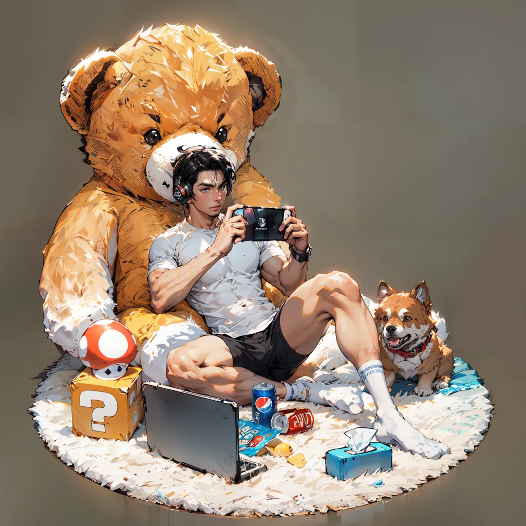 This is an image of a young man sitting on a fluffy white rug and playing video games. He is wearing a white tank top and black shorts. He has a muscular build and short black hair. He is sitting in a large brown teddy bear chair and has a small brown and white dog sitting next to him. There is a Nintendo Switch controller in his hands and a laptop, soda, and snacks on the floor next to him. He is surrounded by various other items, including a question mark block from the Mario Bros. series. The image has a warm and inviting atmosphere.