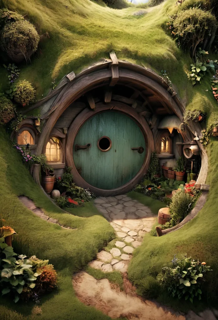 The image is of a hobbit hole, which is a type of underground dwelling. It has a round door and is surrounded by a lush green landscape. There are flowers and plants growing around the hobbit hole, and a path leading up to it. The image is very peaceful and serene, and it evokes a sense of wonder and magic.