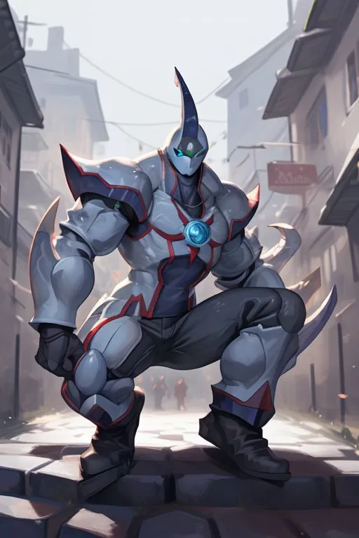 The image shows a robot with a shark-like head and a muscular body. It is kneeling on one knee, with its right hand on the ground and its left hand raised in the air. It has a blue crystal on its chest and a pair of blue eyes. It is wearing a grey and white suit of armor and a pair of black boots. The background is a city street with a building in the distance.