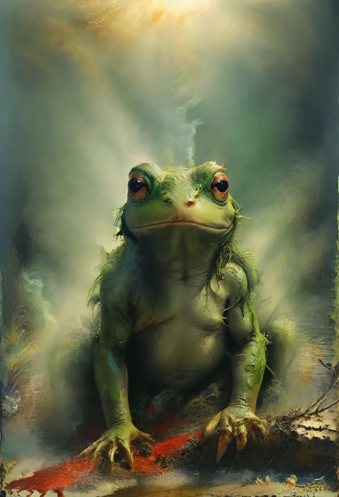 The image depicts a large, green frog sitting on a rock in a misty forest. The frog is muscular and has a humanoid body, with a large head and bulging eyes. Its skin is covered in warts and its mouth is open, revealing a long, forked tongue. The background of the image is a blur of green and brown, with a few rays of light shining through the trees. The frog is looking at the viewer with a curious expression.