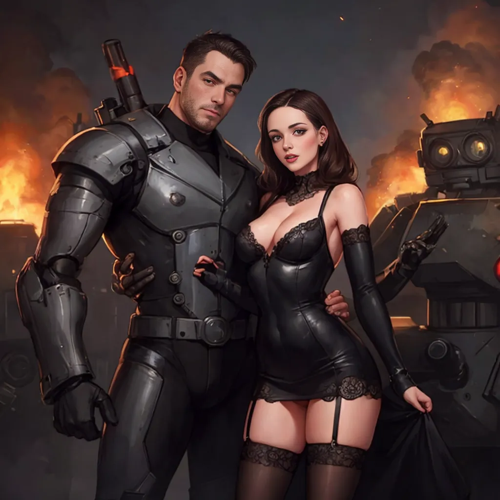 This is an image of a man and a woman standing in front of a burning cityscape. The man is wearing black armor and the woman is wearing a black dress. The man has his hand around the woman's waist and the woman is looking at the camera. There is a robot in the background.