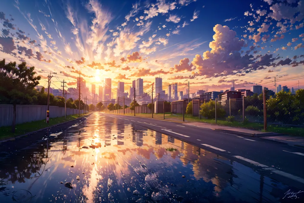 这张图片是一条城市街道,前景有一个大水坑。水坑反映了天空,天空是明亮的橙色和黄色。云朵是白色和蓬松的。街道两侧有树木和建筑物。建筑物很高,由玻璃和混凝土制成。街道上空无一人,没有汽车。这幅图像给人一种宁静祥和的感觉。