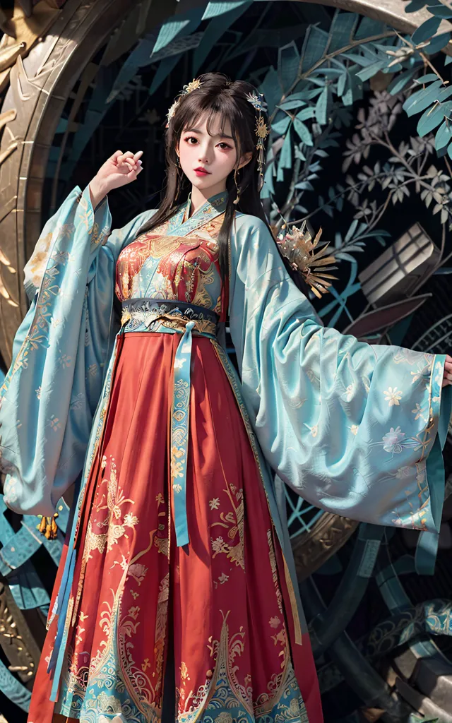 图像显示一位身穿传统中国服装(汉服)的年轻女性,主色调为蓝色和红色。这件服装上有着精致的图案和设计。这位女性有着长长的黑发,并佩戴着传统的中国发饰。她站在一个蓝色和绿色的叶子背景前。