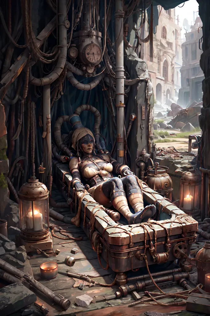 The image is a steampunk style illustration of a woman lying in a bathtub. The woman is wearing a white dress and has her hair tied up in a bun. She is surrounded by various steampunk accessories including a clock, a lamp, and a number of pipes and wires. The background of the image is a ruined city.