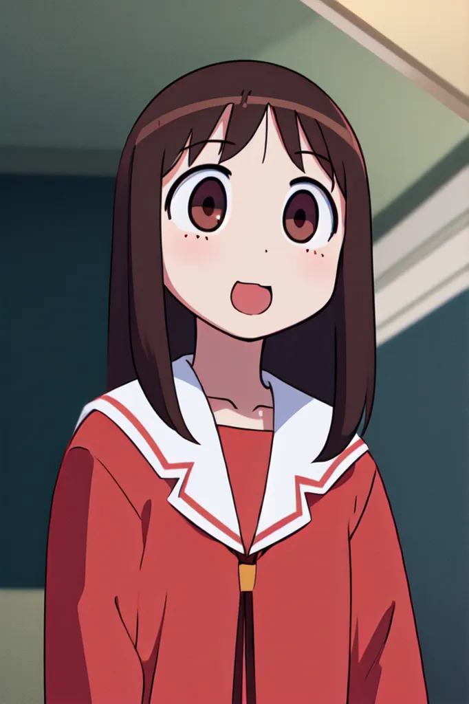 This is an image of an anime girl with long brown hair and brown eyes. She is wearing a red gakuran with a white collar and a yellow tie. She has a surprised expression on her face and her mouth is open.