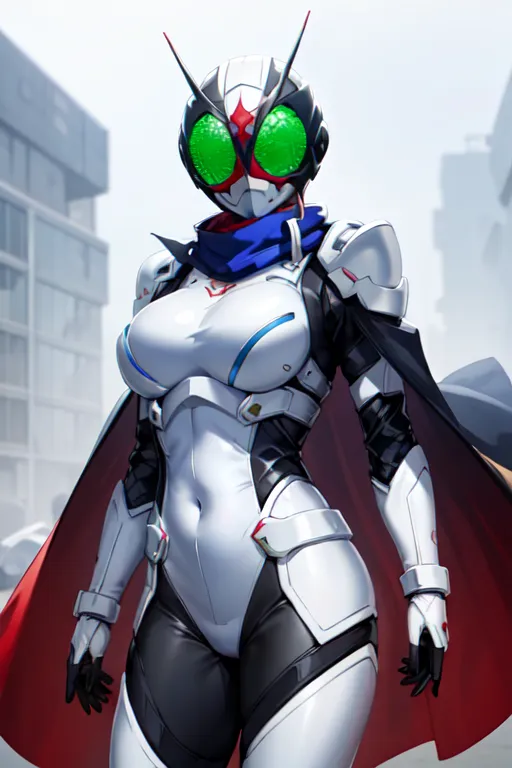 The image is of a female character wearing a white and black bodysuit with green eyes and a red scarf. She is standing in a city with a serious expression on her face. The character is Kamen Rider ZO, a superhero from the Kamen Rider series.