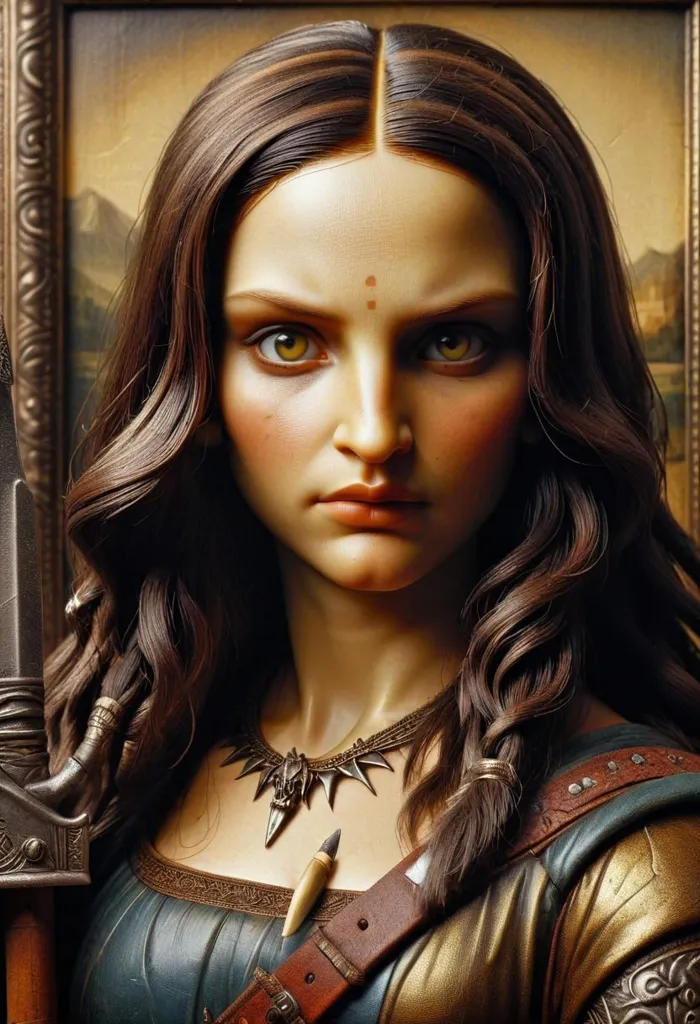 This is a portrait of a young woman, most likely a warrior or huntress. She has long, flowing brown hair, and her eyes are a piercing yellow. She is wearing a blue and gold dress, and has a quiver of arrows slung over her shoulder. The background is a landscape, with mountains in the distance.