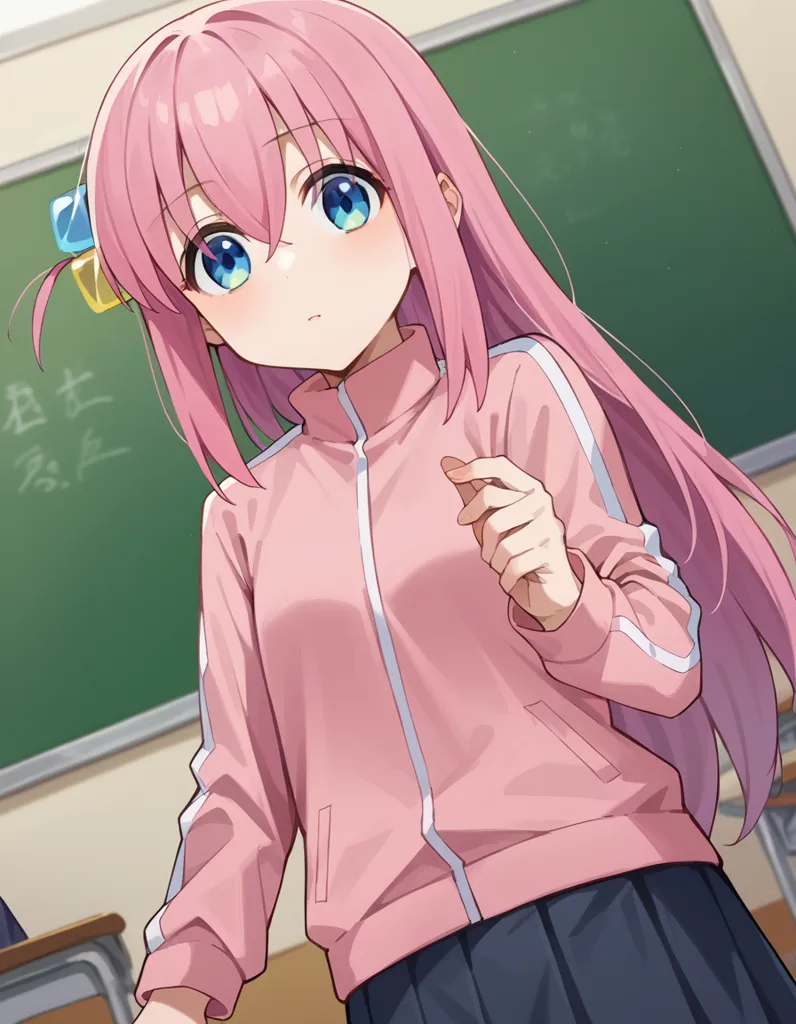 The image shows a young girl with pink hair and blue eyes. She is wearing a pink tracksuit and a black skirt. She is standing in a classroom, and there is a blackboard behind her. The girl is looking at the viewer with a curious expression on her face.