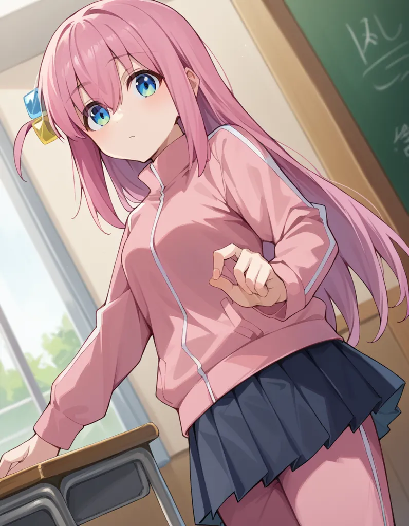 The image shows a young girl with pink hair and blue eyes. She is wearing a pink and white tracksuit. The girl is standing in a classroom, with a blackboard behind her. She has a serious expression on her face, and she is looking at the viewer.