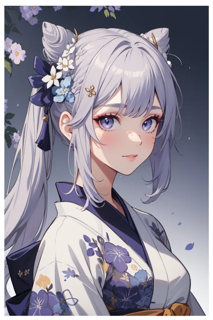 The picture shows a beautiful anime girl with long silver hair and purple eyes. She is wearing a traditional Japanese kimono with a floral pattern. Her hair is tied up in two buns with white and blue flowers. She has a gentle smile on her face. The background is a blur of light purple and there are some white and purple flowers in the foreground.