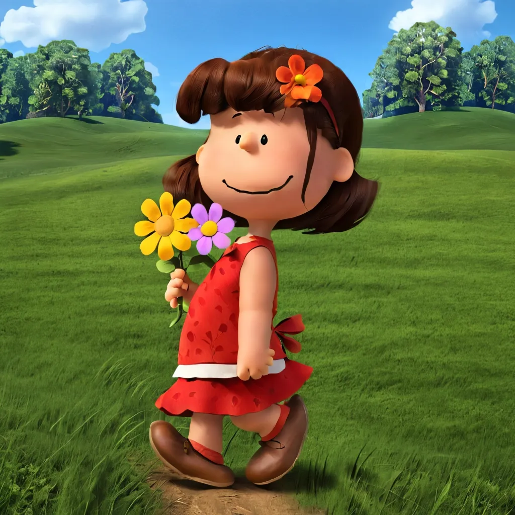 This is an image of a little girl with brown hair and a red dress. She is walking in a field of green grass and carrying a bouquet of flowers. The background is a blue sky with white clouds and green hills. The little girl is smiling and looks happy.