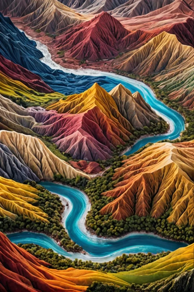 The image shows a river flowing through a mountainous landscape. The mountains are very colorful, with shades of red, orange, yellow, green, blue, and purple. The river is a bright blue color and winds its way through the mountains. The mountains are very tall and steep, and the river looks very small in comparison. There are some small trees and shrubs growing on the mountainsides. The sky is a light blue color and there are some clouds in the distance.