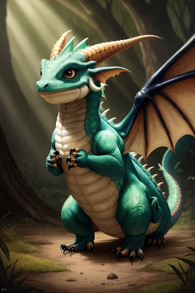 The image is a digital painting of a green dragon. The dragon is sitting on the ground in a forest. It has its wings folded against its body and is looking at the viewer with a curious expression. The dragon is green with yellow-green horns and a yellow belly. It has black claws and a long, spiked tail. The forest is dark and shadowy. The ground is covered in moss.