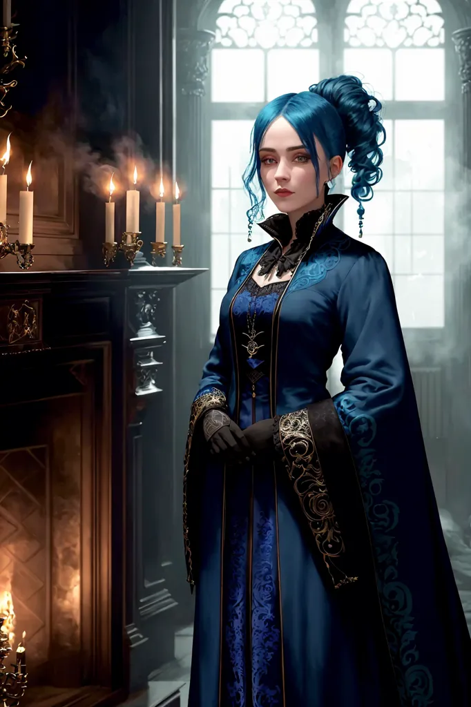 The image is of a woman standing in a dark room. She is wearing a blue dress with a white collar. The dress has gold trim and a gold necklace. Her hair is blue and she is wearing a blue hair tie. She is looking at the viewer with a serious expression. There are candles on a mantle behind her and a fireplace.