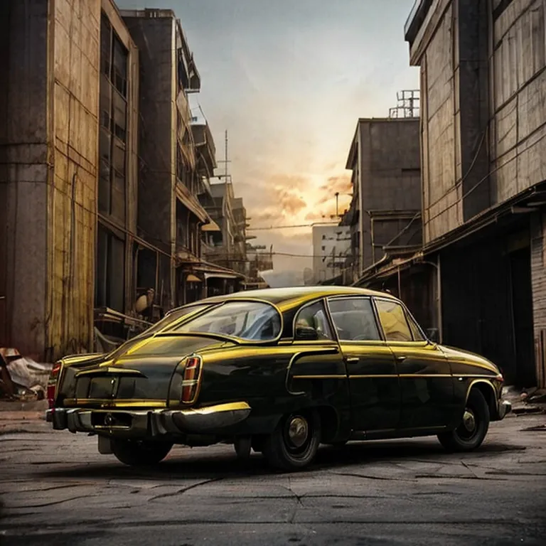 A black vintage car is parked in an alleyway. The car is surrounded by tall buildings. The sky is orange and the sun is setting. The car is a classic model with a long hood and a short trunk. It has a chrome bumper and whitewall tires. The car is in good condition and appears to be well-maintained.