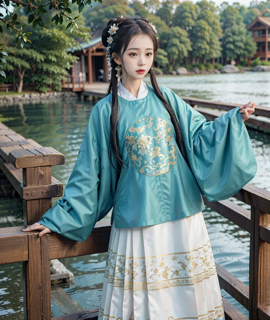 图像显示一位穿着传统中国服装汉服的年轻女性。服装为浅蓝色,带有白色和金色装饰。女性站在一座木桥上,背景是一个湖泊。她的头发盘成发髻,戴有传统中国发饰。整体呈现出优雅美丽的风格。