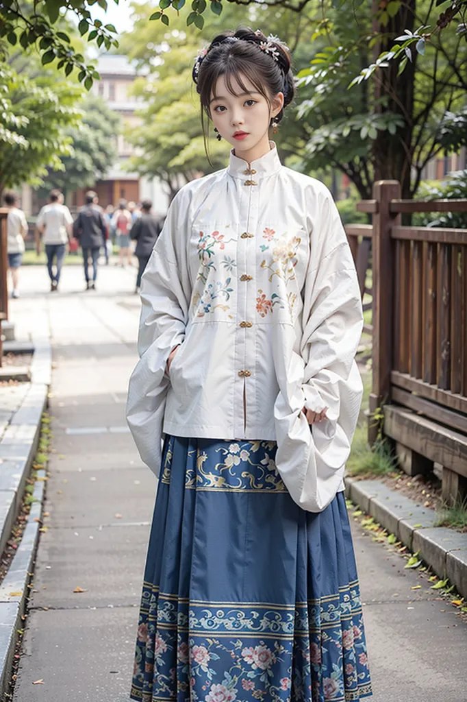 图像显示一位年轻女性穿着传统的中国服装,称为汉服。这件服装是白色和蓝色的,有精致的花卉刺绣。这位女士站在一个公园里,周围是树木和鲜花。