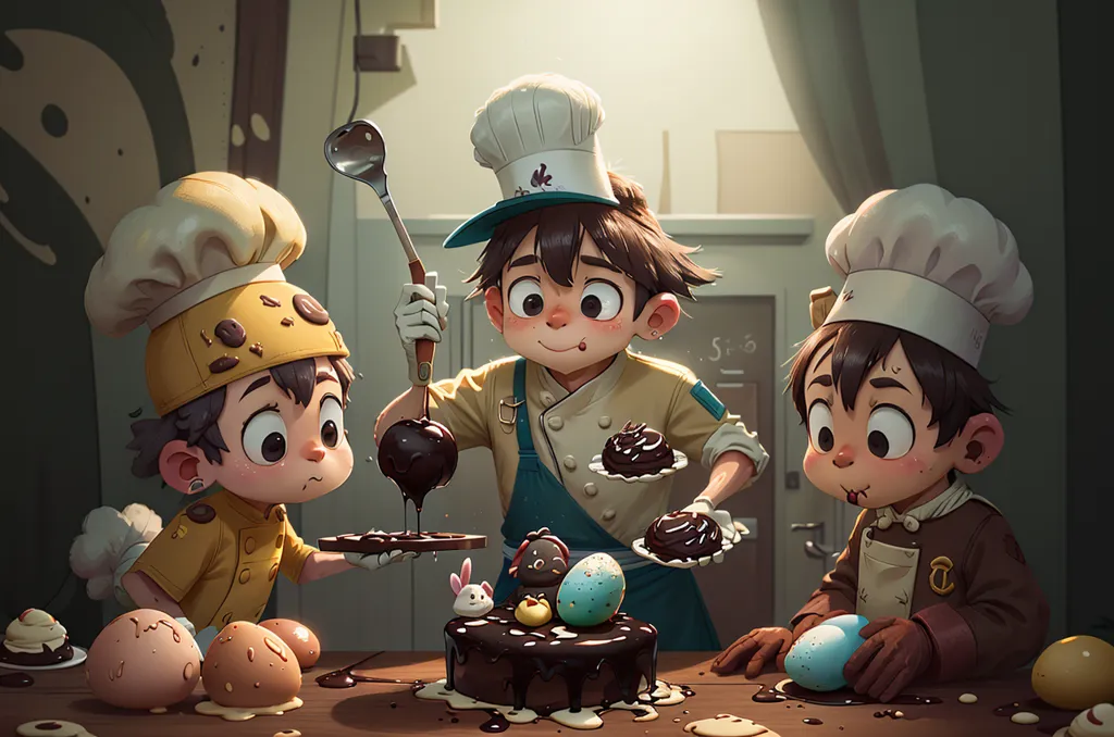 Three children are making a chocolate cake in a kitchen. They are all wearing chef's hats and aprons. The child in the middle is holding a large spoon and pouring chocolate sauce over the cake. The child on the left is holding a bowl of eggs and the child on the right is holding a basket of chocolate eggs. The cake is decorated with chocolate frosting, whipped cream, and chocolate eggs. There is also a chocolate bunny on top of the cake. The children are all smiling and look happy to be making the cake.