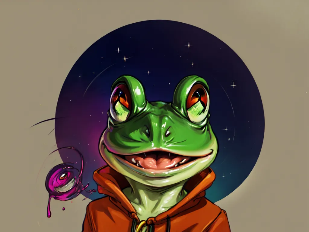 The image contains a cartoon frog wearing an orange hoodie. The frog has big green eyes and a wide smile. It is standing in front of a dark blue background with white stars. There is a small purple creature with one eye next to the frog's head.