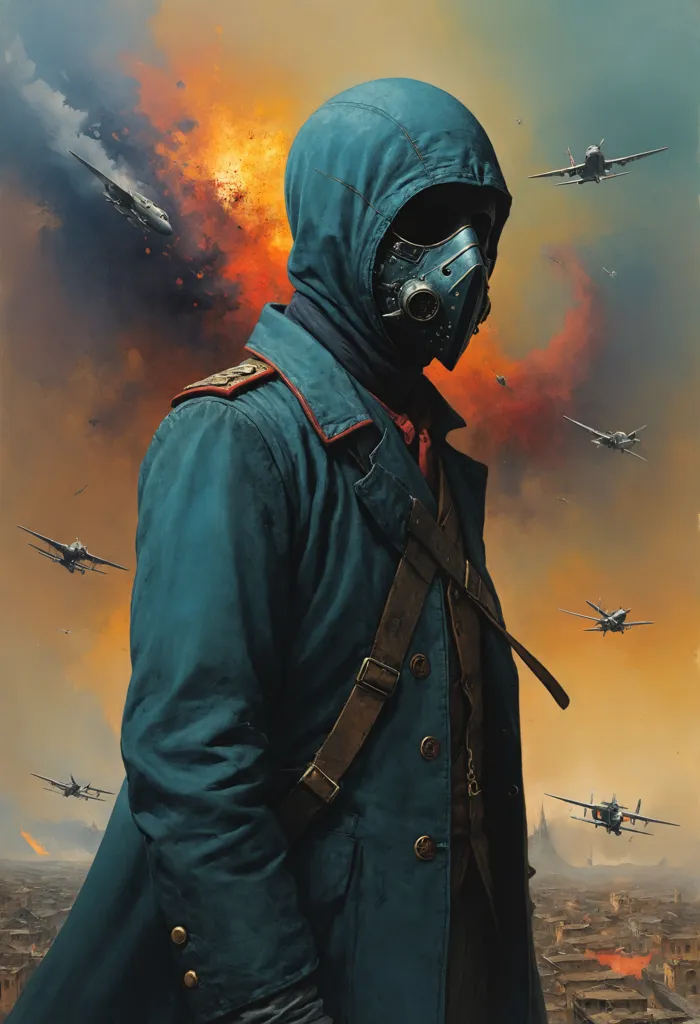 A soldier wearing a gas mask and a blue coat stands in a war-torn city. The sky is filled with smoke and fire. There are planes flying overhead. The soldier looks determined and ready to fight.