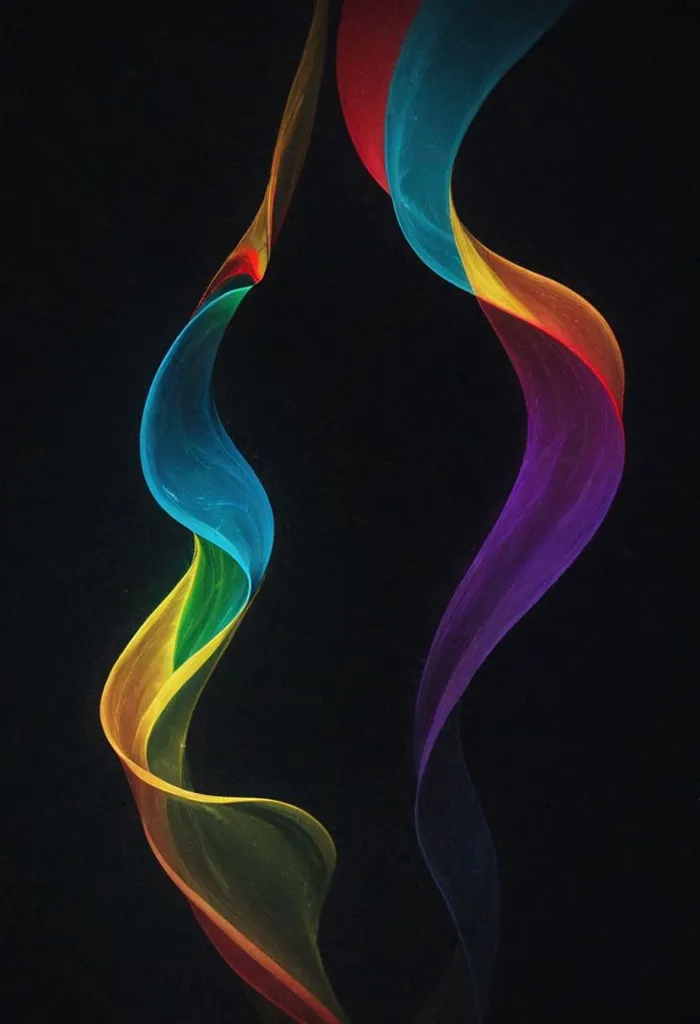 The image is of two ribbons, each made up of multiple colors. The ribbons are flowing in opposite directions. The colors in the first ribbon are red, orange, yellow, green, blue, and purple. The colors in the second ribbon are purple, blue, green, yellow, orange, and red. The background is black.