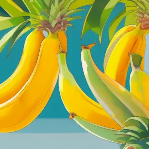 This is a painting of a bunch of bananas. The bunch is still attached to the stalk, which has green leaves at the top. The bananas are yellow and have brown spots. The background is blue.