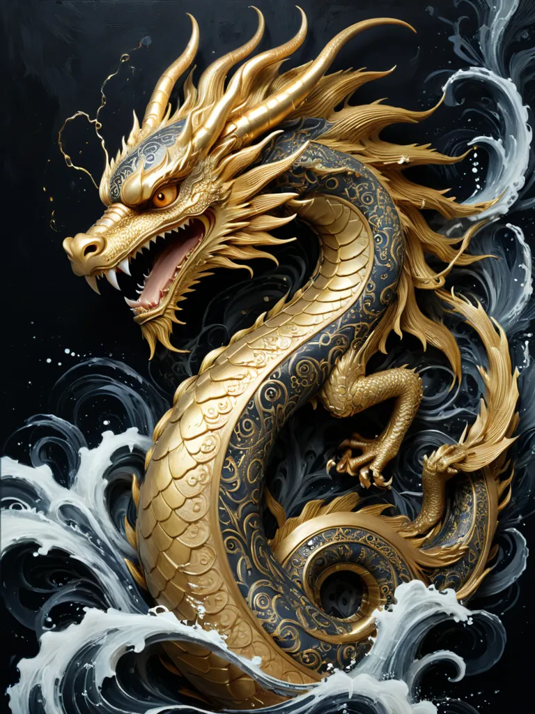 The image is a 3D rendering of a golden dragon. It has a long, serpentine body with scales and a mane of flowing hair. The dragon is standing on a bed of clouds and is surrounded by a stormy sea. The dragon's eyes are red and its mouth is open,露出锋利的牙齿. The dragon is a symbol of power and strength, and the image is very striking and迫力.