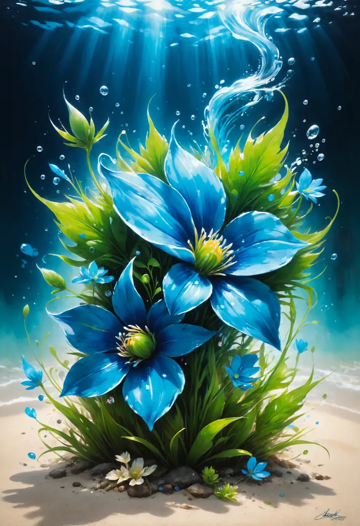 This is an image of blue flowers growing underwater. The flowers are of different sizes and shapes, and they are all a deep shade of blue. The leaves are a light green color, and they are long and thin. The flowers and leaves are arranged in a cluster, and they are surrounded by small bubbles. The background is a light blue color, and it is made up of water. There is a sandy area at the bottom of the image, and there are some small rocks and pebbles on the sand.