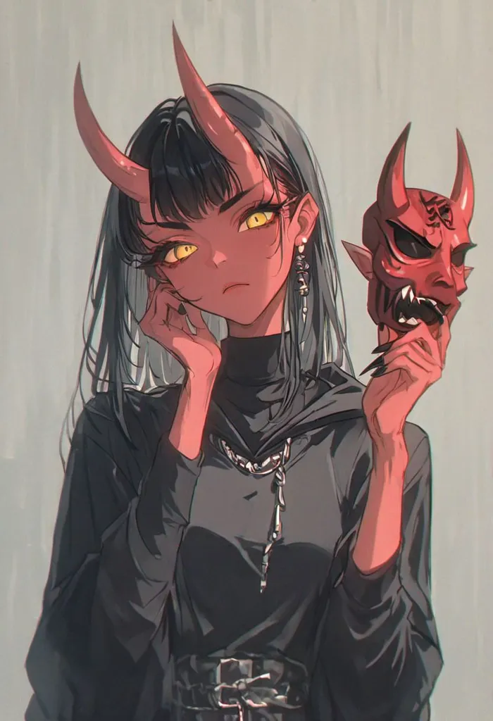 The picture shows a girl with black hair and red horns. Her eyes are yellow and her skin is red. She is wearing a black hoodie and a chain around her neck. She is also wearing a red mask with a white symbol on it. The background is white with a gradient to grey at the bottom.