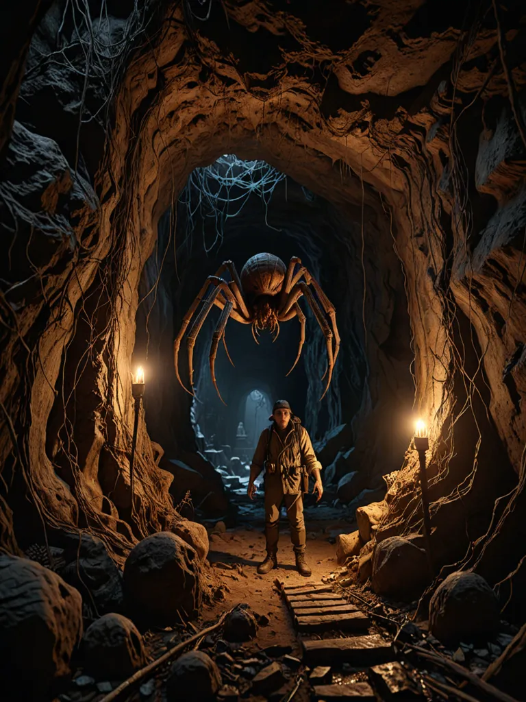 A brave adventurer stands in a dark cave, his only light coming from two torches. In front of him, a giant spider lurks in the shadows. The spider is at least 10 feet tall, with long, hairy legs and a body the size of a small car. Its eyes are red and glowing, and its fangs are dripping with venom. The adventurer knows he is in grave danger, but he is determined to defeat the spider and claim its treasure. He grips his sword tightly and charges at the beast.