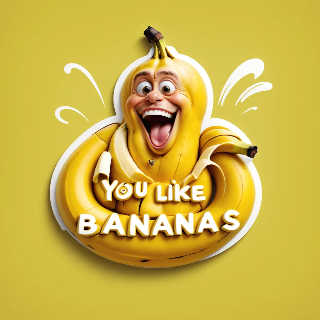 The image is a 3D rendering of a banana with a human face. The banana is smiling and has its eyes wide open. It is surrounded by a white frame. The text "You Like Bananas" is written in the center of the frame. The background is a gradient of yellow and orange.