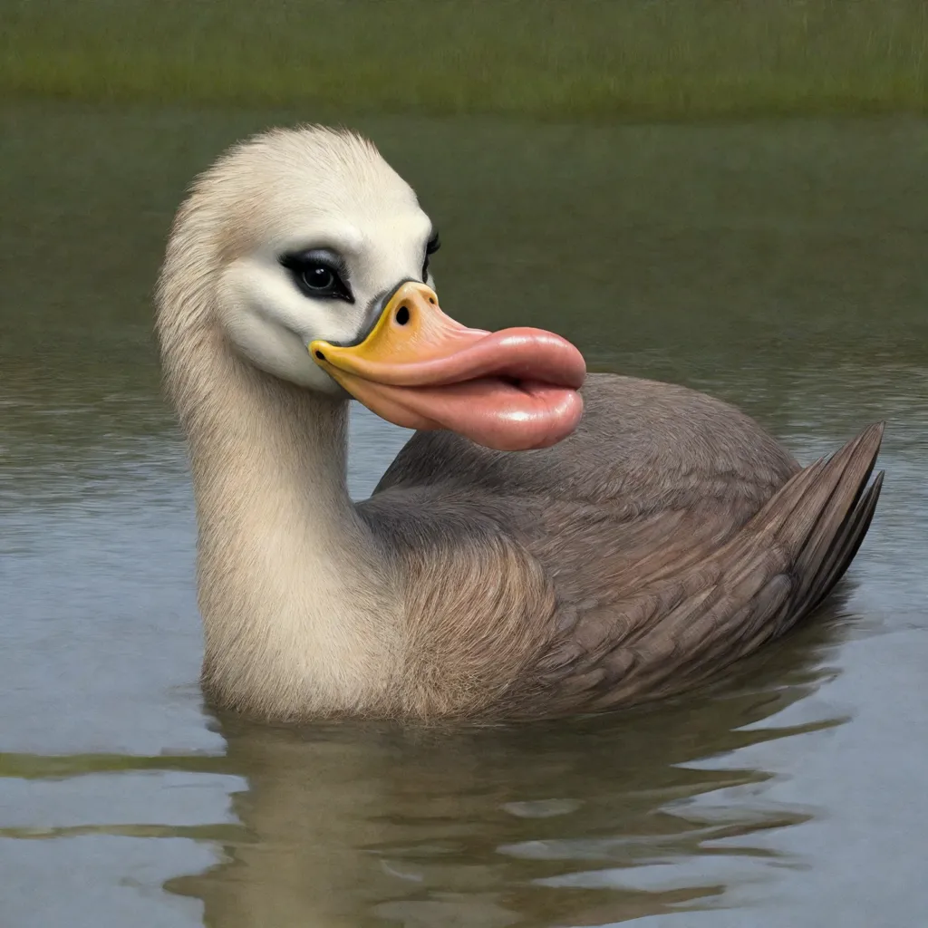 The image shows a duck with an unusual appearance. It has a long, pointed beak with a large, fleshy growth on the upper mandible. The growth is pink and has a wrinkled texture. The duck's eyes are small and dark, and its feathers are a mottled brown and white color. The duck is swimming in a pond, and its reflection can be seen in the water.