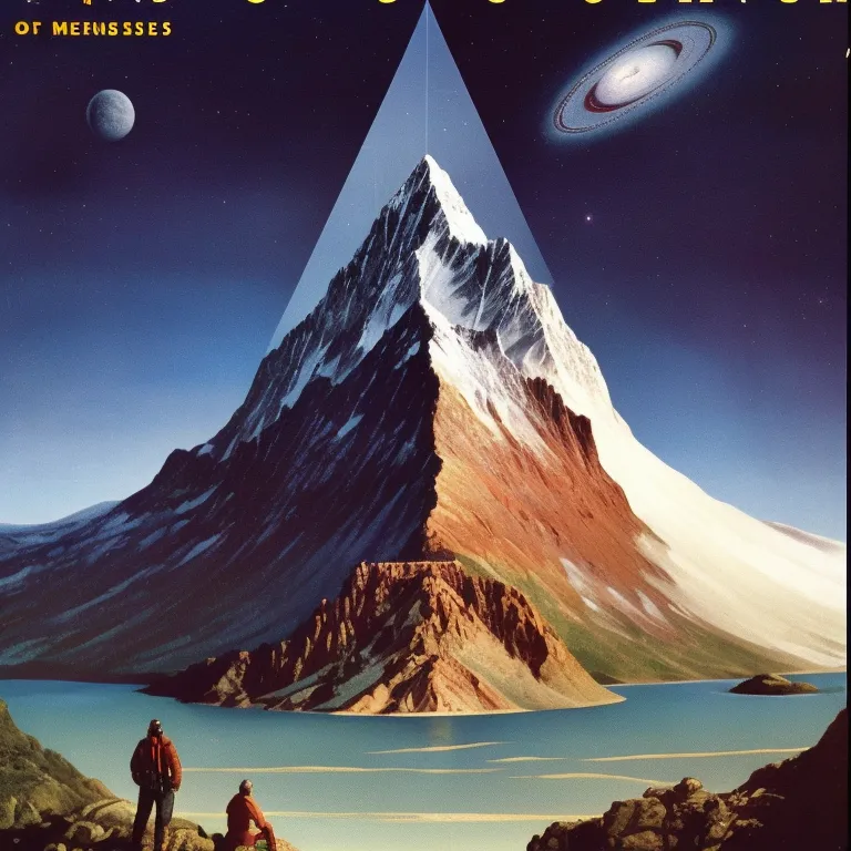 The image is a painting of a mountain. The mountain is very tall and has a sharp peak. It is covered in snow and ice. There is a lake in front of the mountain and two people are standing on the shore of the lake, looking at the mountain. The sky is dark and there are stars and a moon i