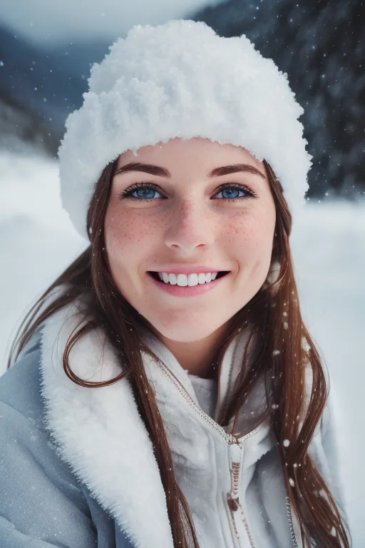 图像显示一位年轻女子站在一片雪地森林中。她戴着一顶白色蓬松的帽子,穿着一件带有毛领的白色夹克。她的双颊因寒冷而泛红,眼睛闪闪发光。她脸上挂着美丽的微笑。背景是模糊的雪覆盖的树木。这幅图像温暖而迷人,捕捉到了冬季的美丽。