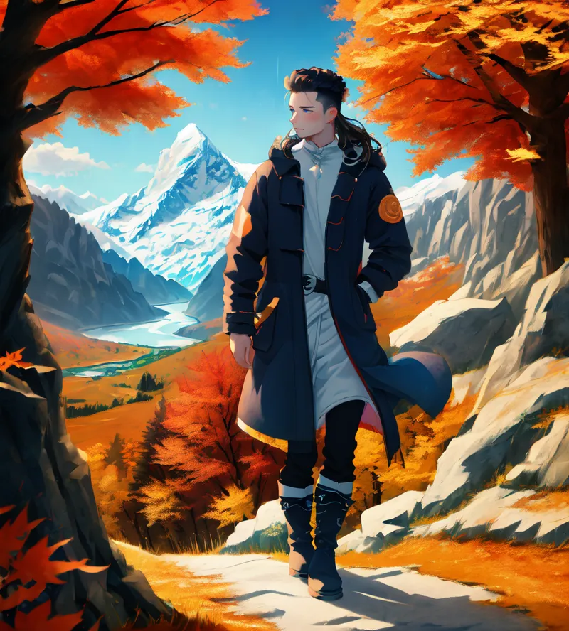 This is an image of a man standing on a cliff. He is wearing a long blue coat and black boots. He has long black hair and green eyes. He is looking out at a valley below. The valley is filled with trees and a river. There are mountains in the background. The sky is blue and there are some clouds. The image is in an anime style.