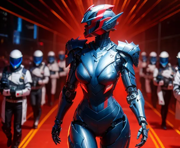 This is an image of a robot. It is a humanoid robot, meaning that it is made to look like a human. It is made of metal, and has a blue and red color scheme. It is wearing a helmet, and has a visor over its eyes. It is also wearing a suit of armor. There are several humans in the background.