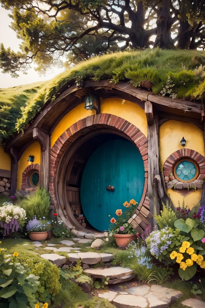 The image is a hobbit hole, which is a type of house that is typically found in the Lord of the Rings series of books and movies. Hobbit holes are usually built into the side of a hill or bank, and they have a round door and a thatched roof. The image shows a hobbit hole that is surrounded by flowers and plants. There is a path that leads up to the hobbit hole, and there is a tree next to the path. The hobbit hole is made of wood and has a blue door. The image is very peaceful and relaxing, and it captures the essence of the Shire, which is the region in Middle-earth where hobbits live.