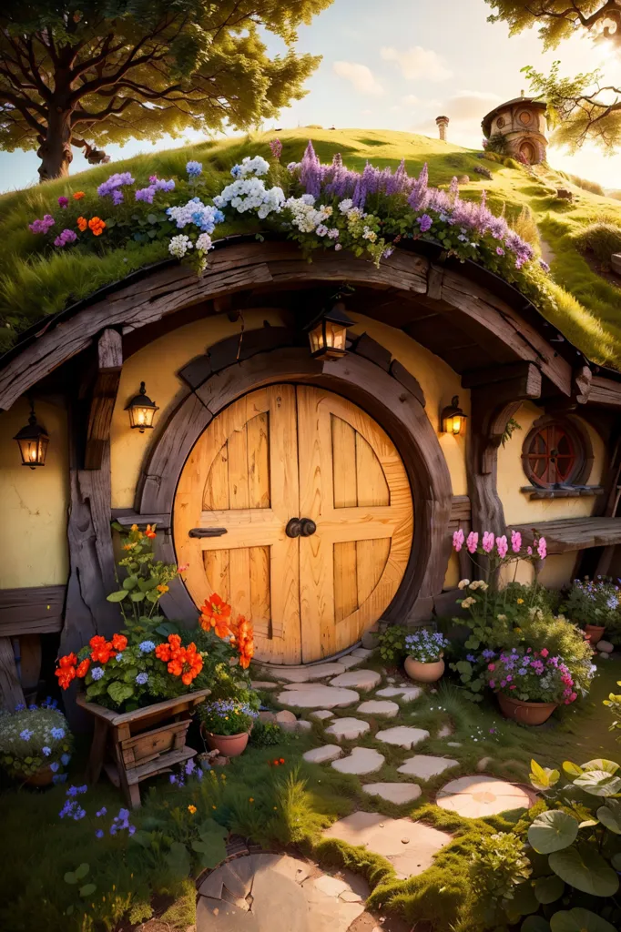 The image is a hobbit hole, which is a type of house that is typically found in the Shire, a region in Middle-earth, which is a fictional world created by J.R.R. Tolkien. Hobbit holes are usually built into hillsides and have a round door and a thatched roof. The image shows a hobbit hole with a flower garden in front of it. There is a path that leads up to the door and there are flowers and plants growing on either side of the path. The hobbit hole is made of wood and has a brown door. The roof is thatched with straw. There is a small window on the left side of the door.