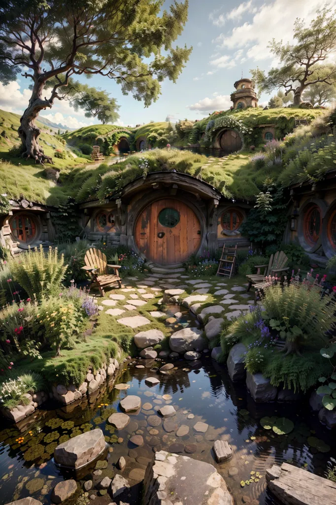 The image is a digital painting of a hobbit hole. The hobbit hole is a round, underground home with a green door. It is surrounded by a garden with flowers, plants, and a small pond. There is a tree next to the hobbit hole. The sky is blue and there are clouds in the distance.