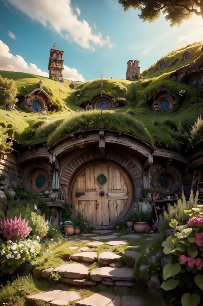 In a lush green hillside, there is a hobbit hole. The round wooden door is open, and there are flowers and plants growing around it. The hobbit hole is surrounded by a low stone wall, and there is a path leading up to it. The sky is blue, and there are clouds dotting the sky.