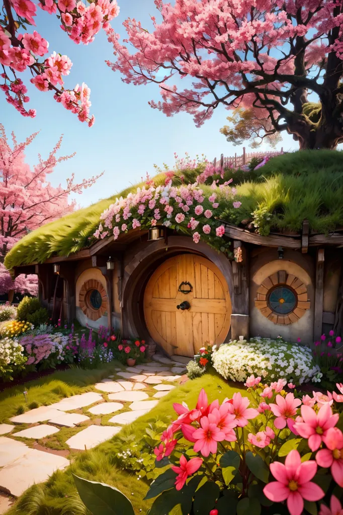 The image is a beautiful depiction of a hobbit hole. The hobbit hole is a round, underground home with a wooden door and round windows. It is surrounded by a lush garden with flowers and trees. The sky is a clear blue and the sun is shining. The image is very peaceful and serene.