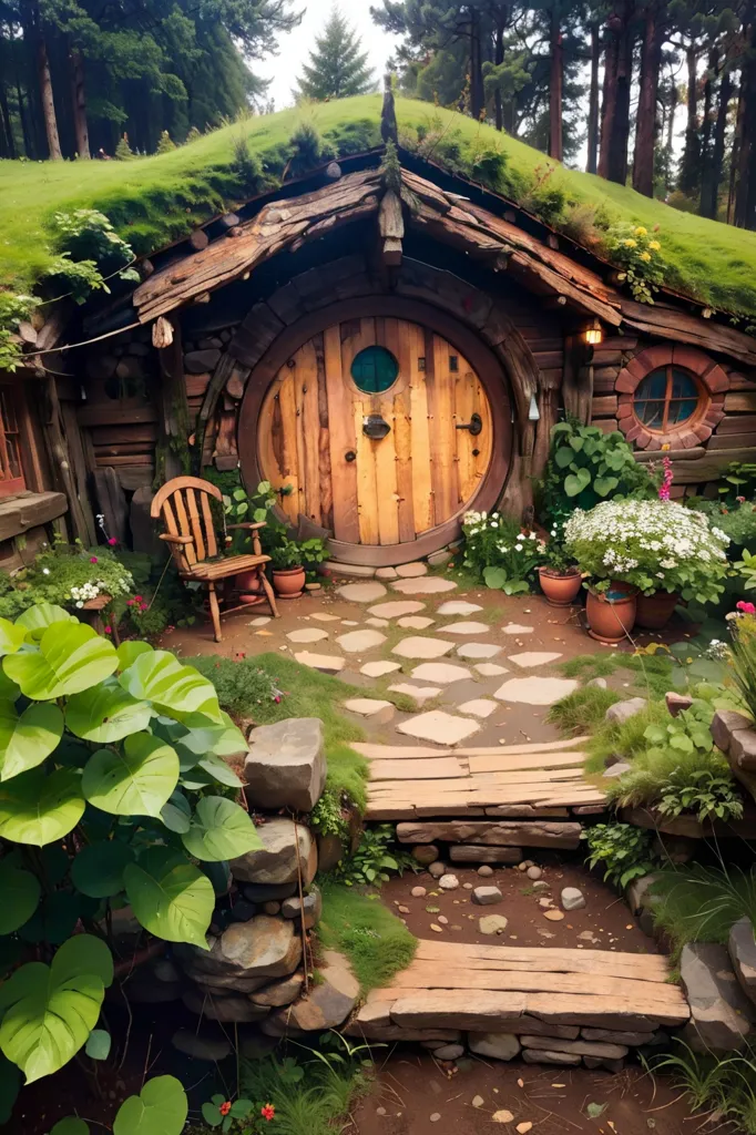 The image is of a hobbit hole, a fictional underground dwelling from the Lord of the Rings series. It is made of wood and has a round door. The hobbit hole is surrounded by a garden with flowers and plants. There is a path leading up to the hobbit hole and a chair placed at the entrance. The image is peaceful and serene, and it evokes a sense of wonder and magic.