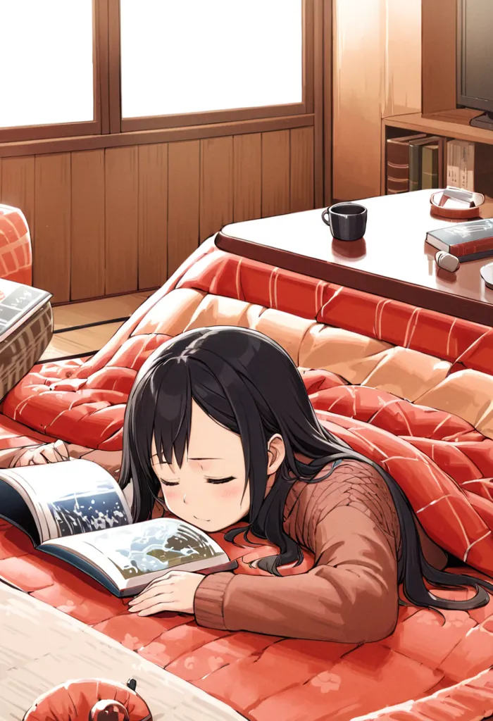 The image shows a young girl reading a book. She is sitting on a kotatsu, a Japanese heated table. The kotatsu is covered with a futon, a thick Japanese quilt. The girl is wearing a brown sweater and black skirt. She has long black hair and brown eyes. She is reading a book about marine life. There is a cup of coffee on the table. The room is warm and cozy. The girl is relaxed and enjoying her book.