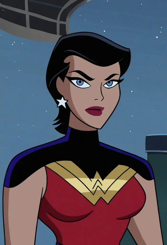 This is a picture of Wonder Woman, a superhero from DC Comics. She is a tall, beautiful woman with long black hair and blue eyes. She is wearing a red and gold costume with a blue cape. She is also wearing a tiara and a pair of earrings. She is standing in a confident pose, with her fists clenched at her sides. She looks like she is ready to fight.