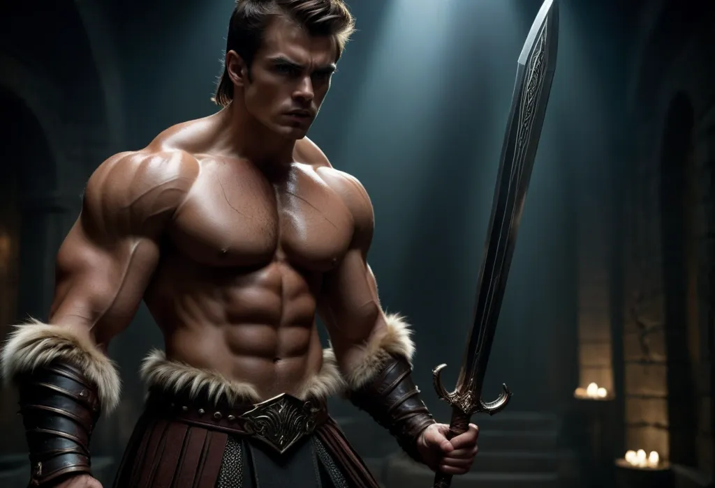 This is a picture of a muscular man with a sword. He is wearing a loincloth and a fur cape. He has a determined look on his face and is ready to fight. The background is dark and shadowy.