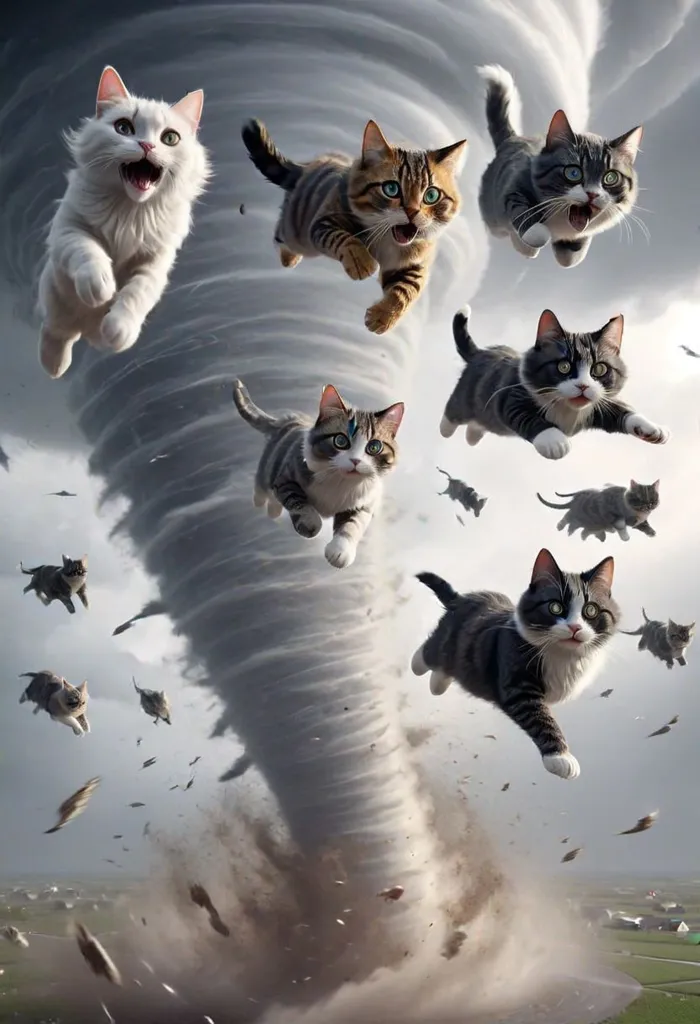 A tornado has picked up a group of cats and is carrying them through the air. The cats are all different colors and sizes, and they are all looking scared. The tornado is strong, and it is carrying the cats higher and higher. The cats are all in danger, and it is not clear if they will be able to survive.