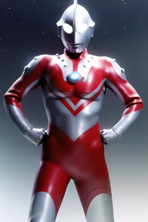 The image shows a man in a red and silver superhero costume. He has a silver helmet with a red stripe in the middle and red eyes. He is wearing a red and silver suit with a silver belt. He has his hands on his hips and is standing in a powerful pose. There are stars in the background.